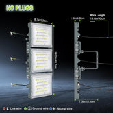 LED light fixture with dimensions and wire length measurements on a dark background
